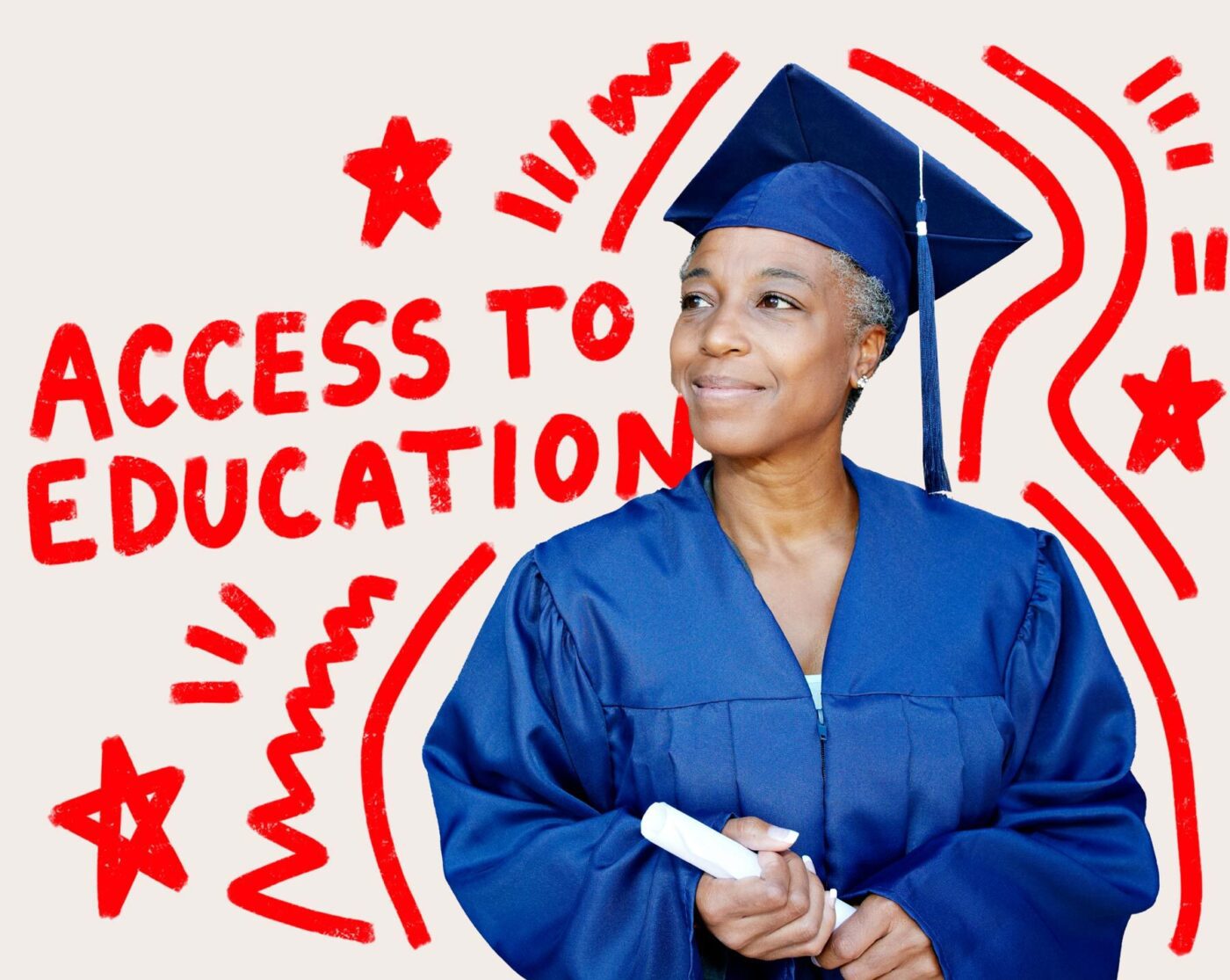 Smiling woman with caption "Access to Education"