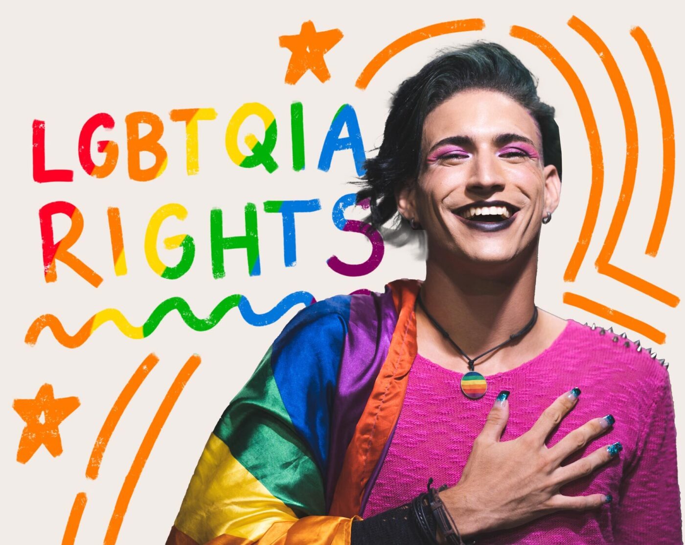 Smiling person with caption that reads "LGBTQIA Rights"