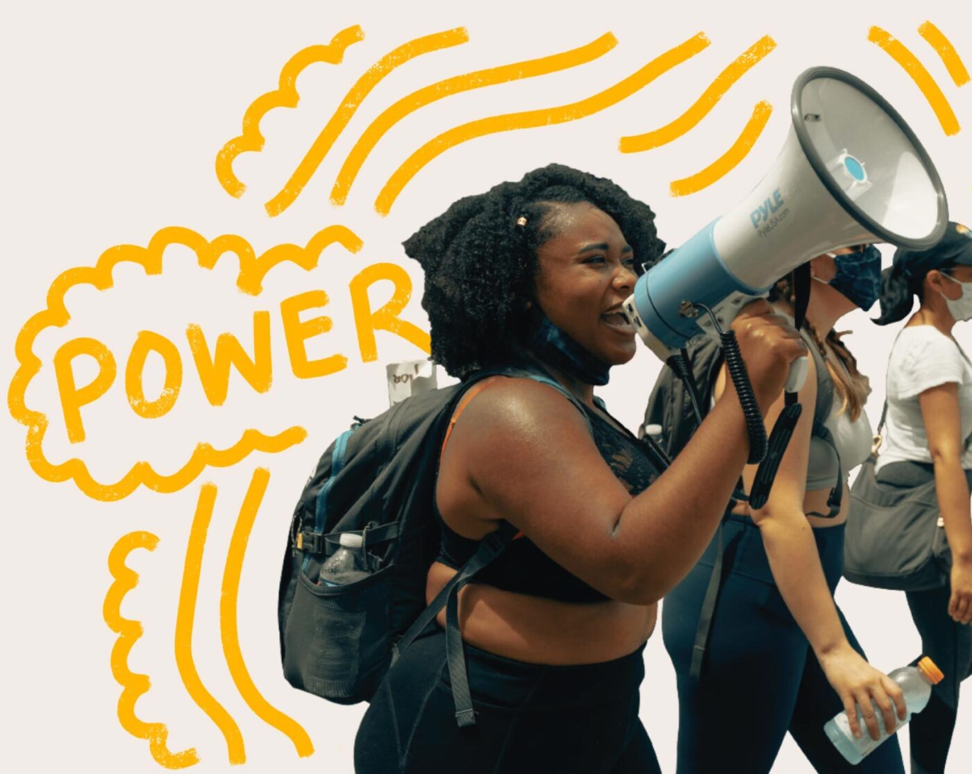 Woman with megaphone and caption that reads "Power"