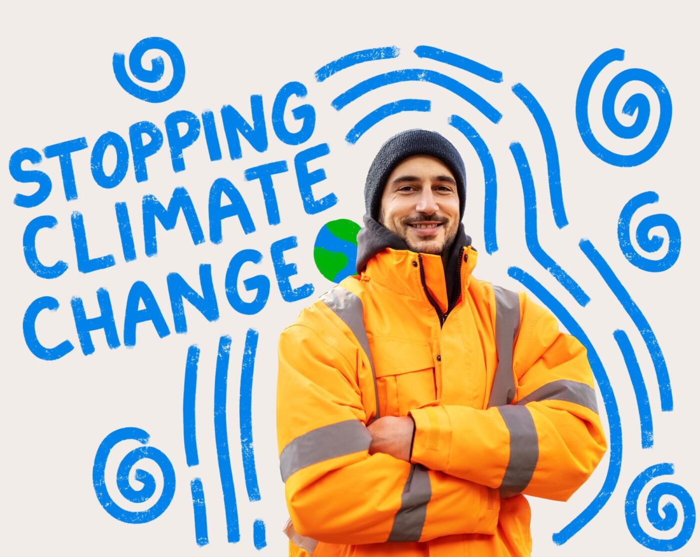 Smiling man with arms crossed and caption that reads "Stopping Climate Change"